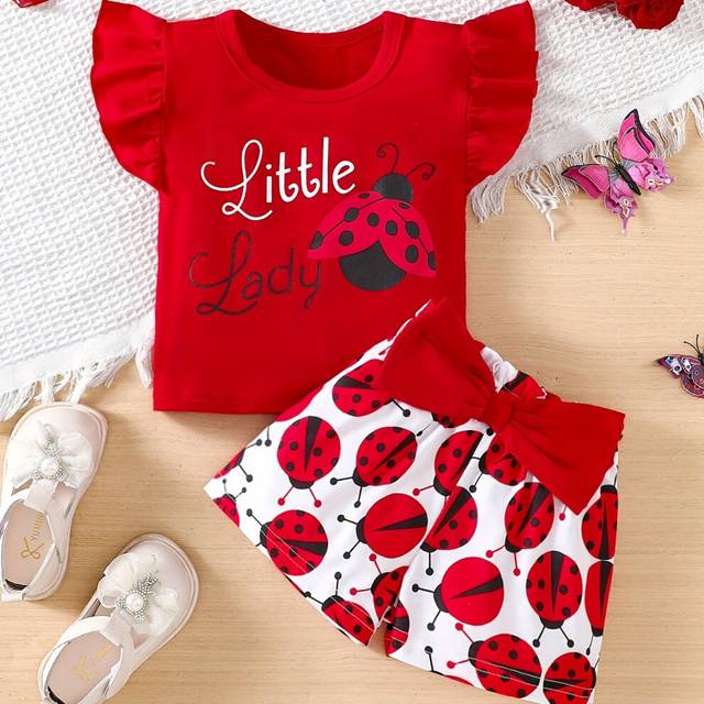 (Red, 5-6Y) Baby Girl's Ruffle Trim Sleeve Cute Graphic T-shirt & Bowknot Ladybug Pattern Shorts Set