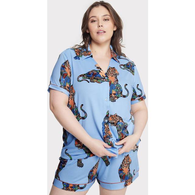 Chelsea Peers NYC Lotuc Tiger V-Neck Printed Button Up Shorts Pyjama Set - Blue