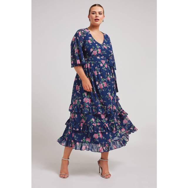 Yours London Curve Navy Blue Floral Print Tiered Maxi Dress, Women's Curve & Plus Size, Yours London - 14
