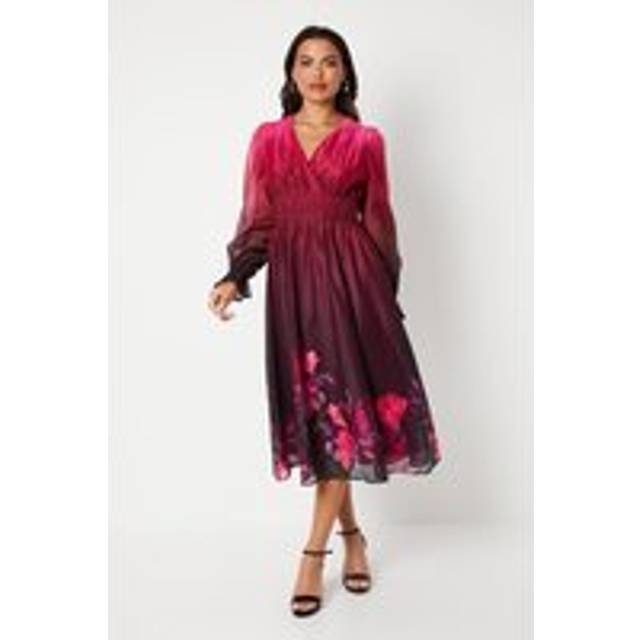 Placement Print Blouson Sleeve Organza Midi Wedding Guest Dress - Pink - 8