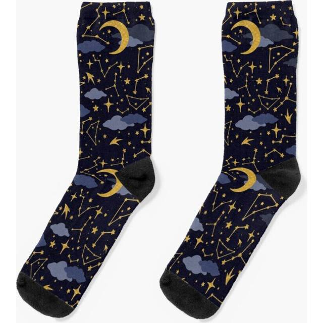 Dress Socks Celestial Stars and Moons in Gold and Dark Blue Novelty Fancy Crazy Pattern Crew Casual for Men Women
