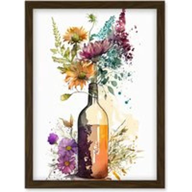 Spring Wildflower Bouquet in a Glass Wine Bottle Artwork Framed Wall Art Print A4 - Brown - One Size