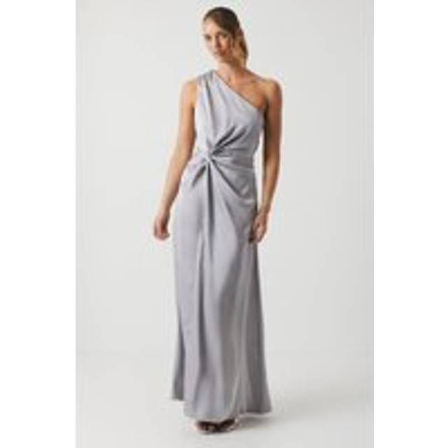 Asymetric Neckline Satin Bridesmaid Dress - Grey Mist - 10