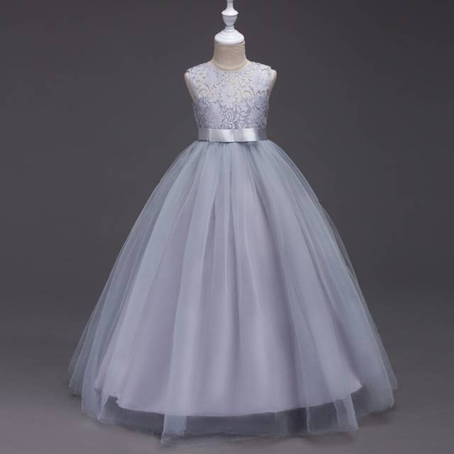 (Grey, 9-10Years) Kids Girls Lace Dress Princess Bridesmaid Wedding