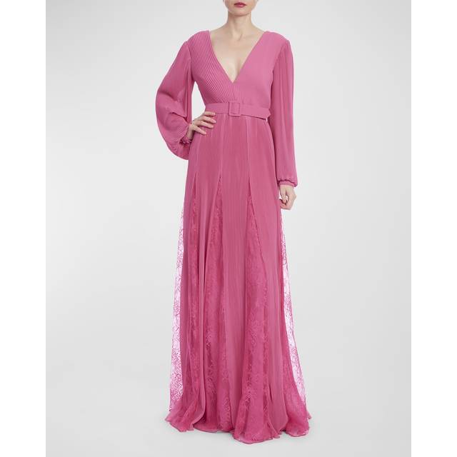 Pleated Lace-Inset Godet Gown - STRAWBERRY - 8