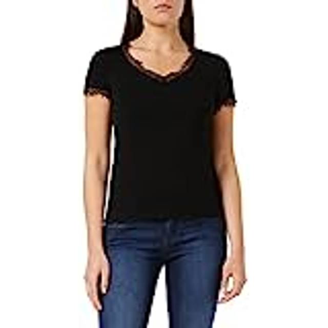 Lace Trim Short-Sleeved V-Neck T-Shirt - Black - XL