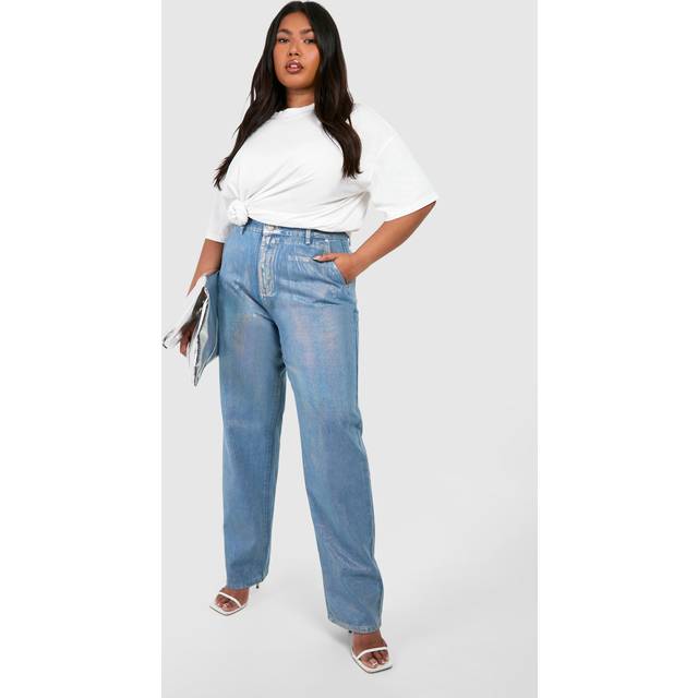 Womens Plus Iridescent Metallic Coated Straight Leg Jeans - Blue - 26, Blue