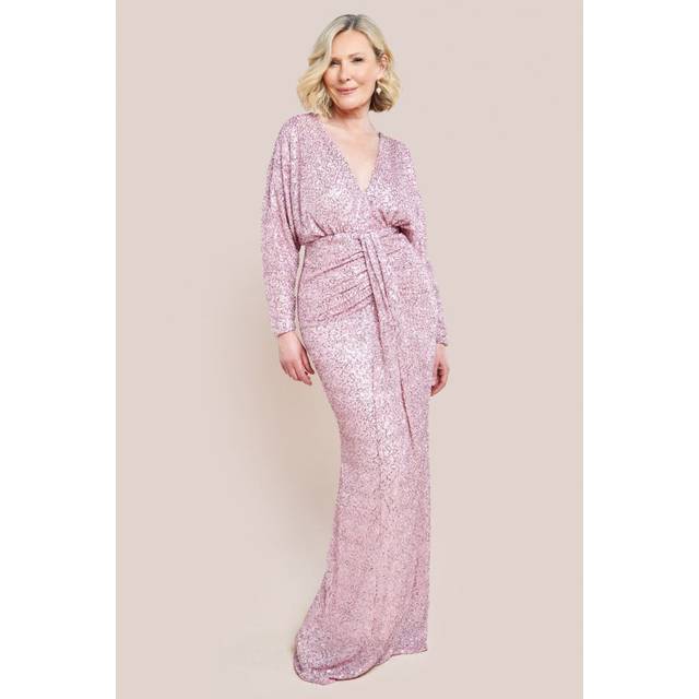Plunge V-Neck Sequin Maxi Dress - Blush by Goddiva - 14