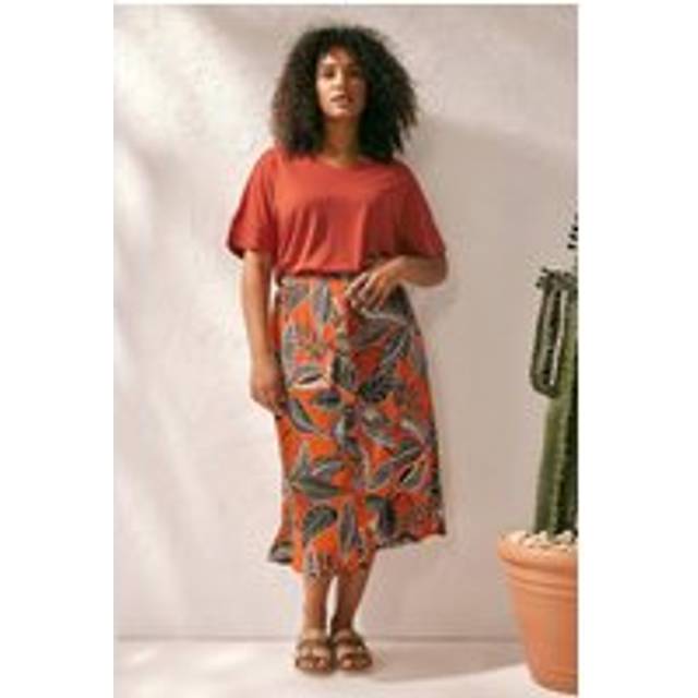 Evans Curve Rust Orange Leaf Print Linen Midi Skirt - 30-32