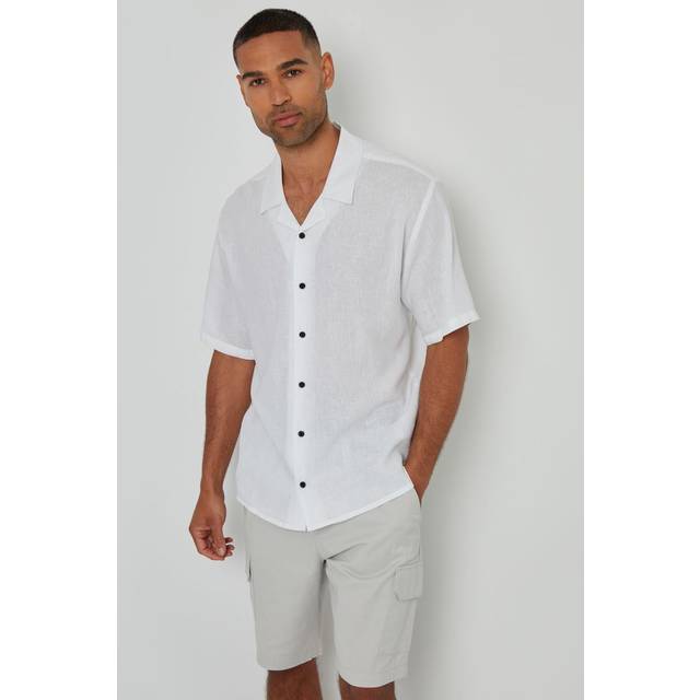 'Kylian' Linen Blend Revere Collar Short Sleeve Shirt - White - XL