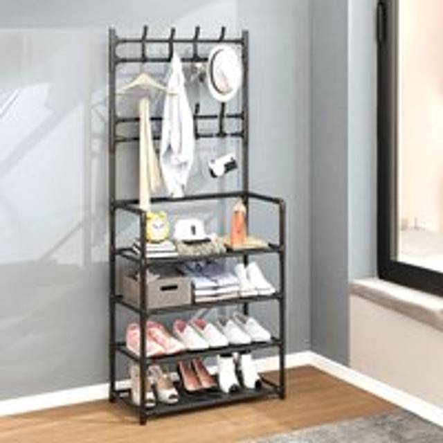 Black Entryway 4 Tier Shoe Rack with Coat Hanger