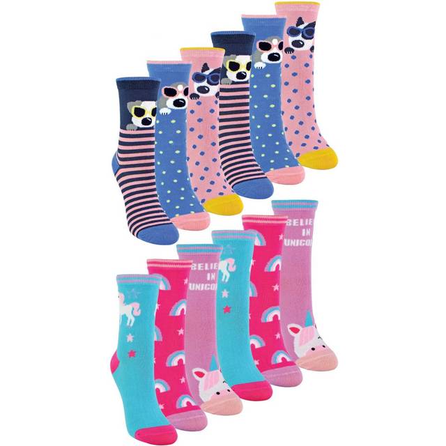 (12-3 UK, Pack 2 (Dogs & Unicorns)) Sock Snob - 12 Pack Girls & Boys Novelty Soft Breathable Bamboo Trainer Socks