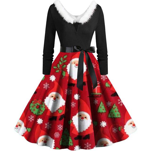 (S, 5) Women's Retro Long-sleeved Temperament Midi Skirt Temperament Print Mid-waist Skirt