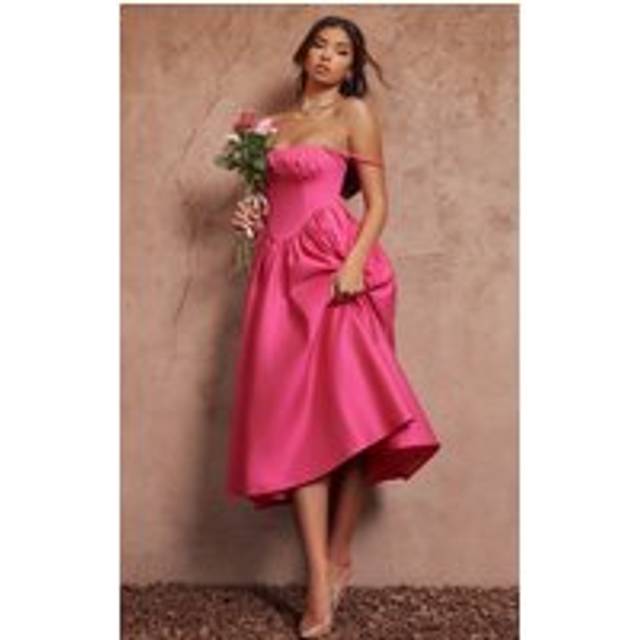 Hot Pink Ruched Bust Corset Strappy Midaxi Dress, Hot Pink - 12
