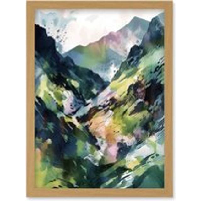 Spring Mountain Slope Landscape Modern Linocut Illustration Print Artwork Framed Wall Art Print A4 - Tan - One Size