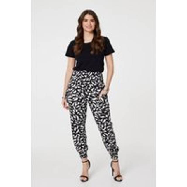 Izabel London Black Feather Print Harem Pants with Pockets