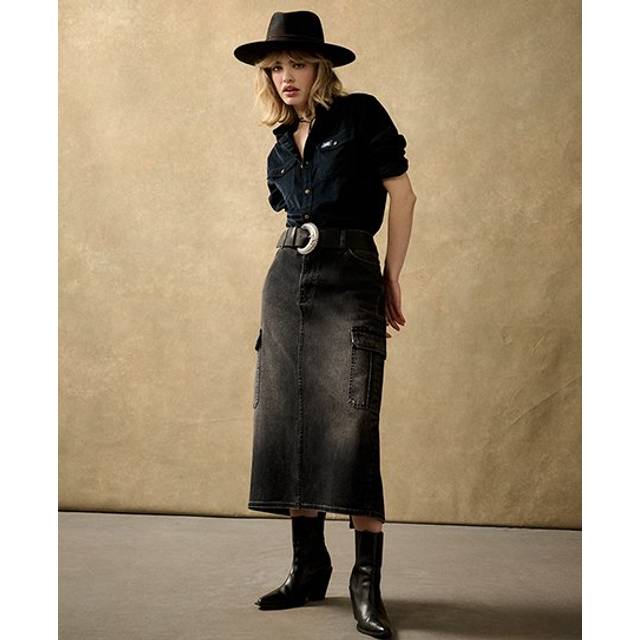 Superdry Pure Organic Cotton Denim Cargo Midi Skirt, Black