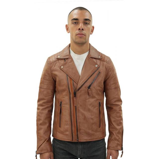 Infinity Leather Mens Brando Double Cross Zip Biker Jacket-Casablanca - Tan - Size X-Large