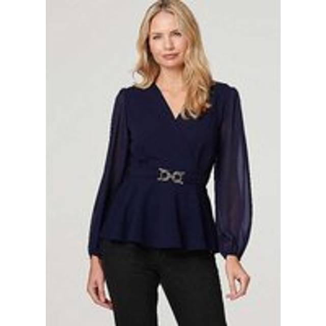 Izabel London Navy Sheer Sleeve Wrap Front Blouse - Metallic