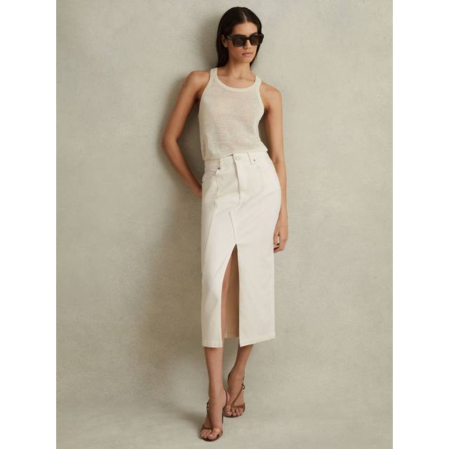 Reiss Womens Ivory Danica Slim-fit High-rise Stretch-denim Pencil Skirt 14 - IVORY