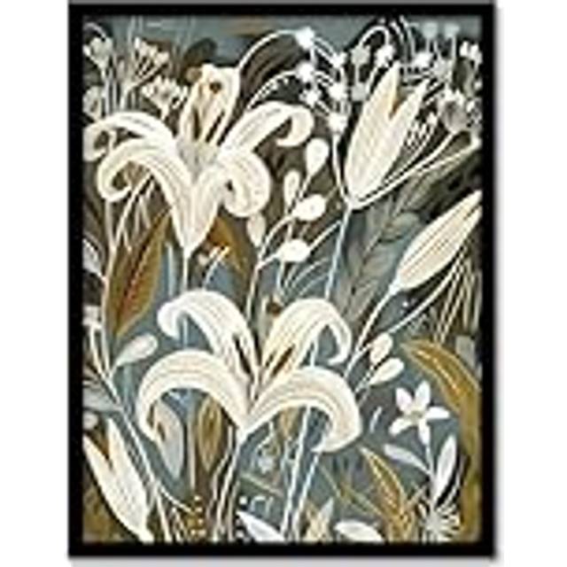 White Lilies Flower Blooms Floral Artwork Framed Art Print - Grey - A4