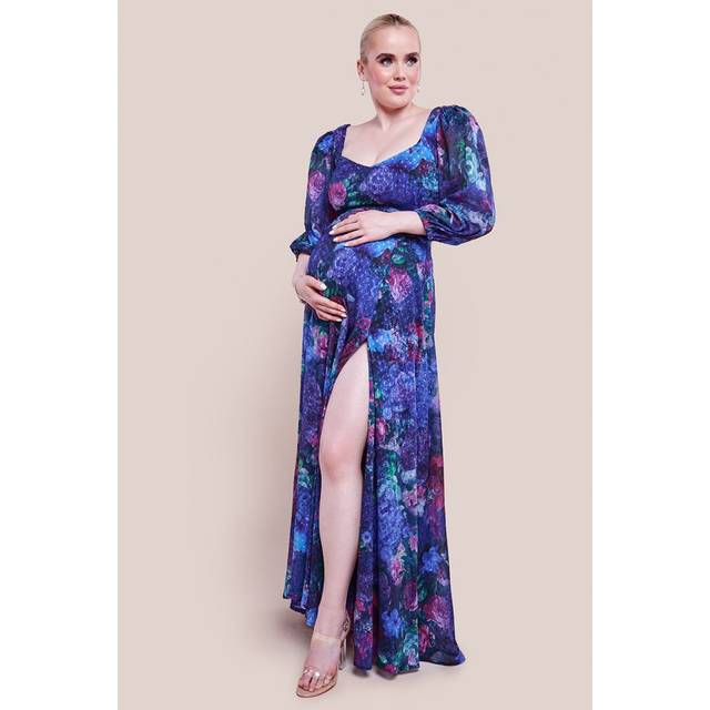 Goddiva Maternity Printed Shirred Back Maxi Dress - Navy - 10