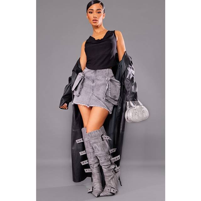 Petite Washed Grey Cargo Pocket Detail Mini Skirt, Washed Grey - 4