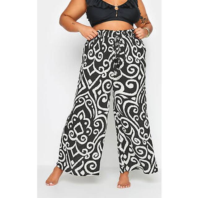 Yours Curve Black Abstract Print Crinkle Tassel Trousers, Women's Curve & Plus Size, Yours - 14-16