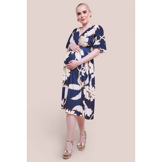 Goddiva Maternity Leaf Print Flutter Sleeve Midi Dress - Navy - 8
