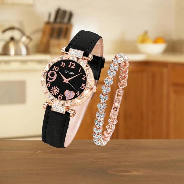 SHEIN 2 Fashionable Outfits, 1pc &#39;s Pu Leather Strap Round Dial Quartz Watch Decorated With Charming Rhinestone And 1pc Rhinestone Bracelet, Great For Birth