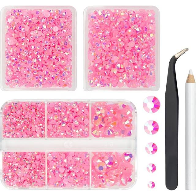 qiipii 3 Boxes 5070PCS Dark Pink AB Resin Rhinestones for Crafts Pink AB Flatback Jelly Resin Stones 2mm 3mm 4mm 5mm 6mm Non-Hotfix Diamonds Crystals