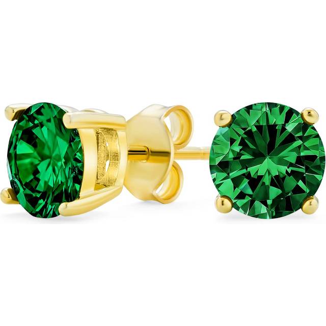 Green CZ Stud Brilliant Simple Yellow Gold Sterling Simulated Emerald AAA 1CT Earrings, Cut, Plated, .925 Silver, CZ