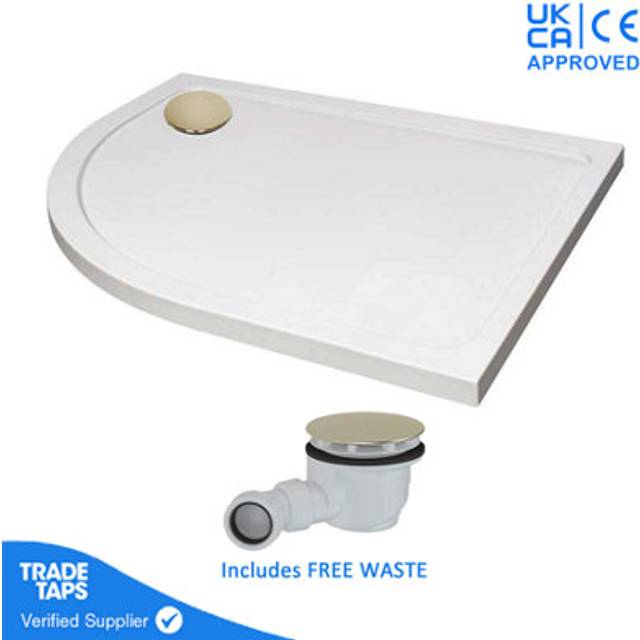 900 x 760mm White Offset Quadrant Left Hand 45mm Low Profile Shower Tray with Brushed Brass Waste