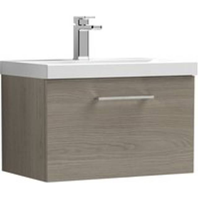 Wall Hung 1 Drawer Vanity Unit with Mid-Edge Ceramic Basin, 600mm - Woodgrain Solace Oak