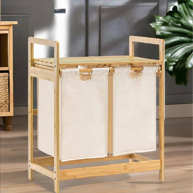 Cream Pull Out Double Laundry Basket With Shelf - Natural - One Size