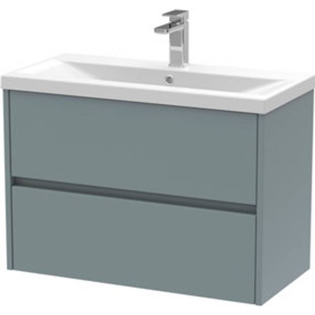 Square Wall Hung 2 Drawer Vanity Unit & Ceramic Basin, 800mm - Matt Coastal Grey