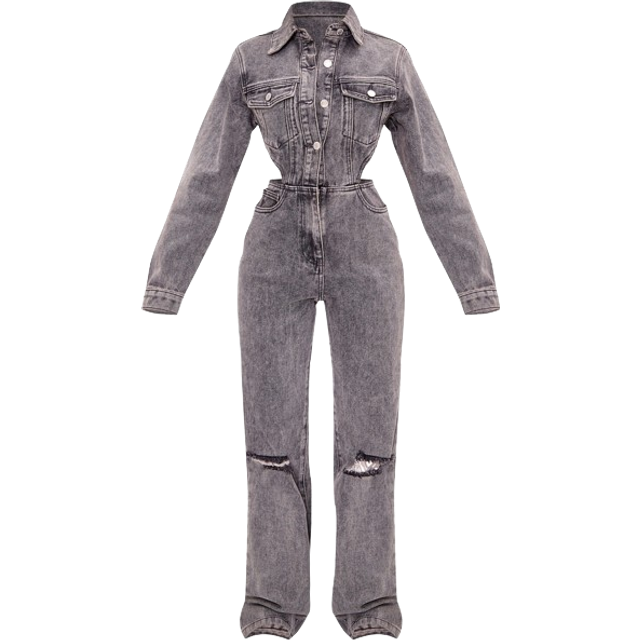 Petite Washed Grey Denim Cut Out Jumpsuit, Washed Grey - 4