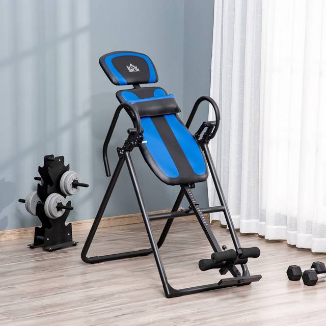 HOMCOM Foldable Gravity Inversion Table - Fitness Bench w/ Soft Ankle Cushions | TJ Hughes Blue