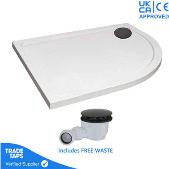 Gravahaus - 900 x 760mm White Offset Quadrant Right Hand 45mm Low Profile Shower Tray with Matt Black Waste