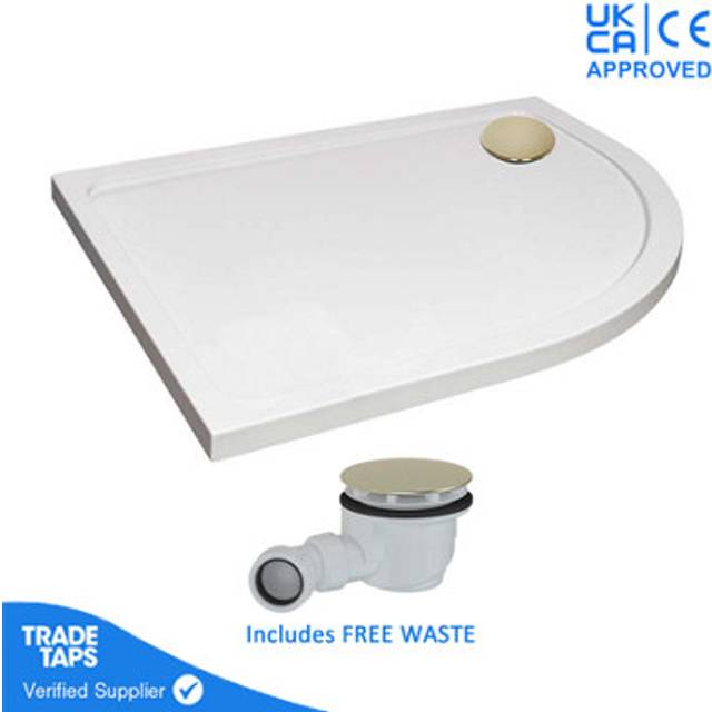 1200 x 800mm White Offset Quadrant Right Hand 45mm Low Profile Shower Tray with Brushed Brass Waste