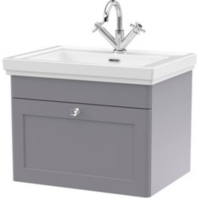 Traditional Wall Hung 1 Drawer Vanity Unit with 1 Tap Hole Fireclay Basin, 600mm - Satin Grey
