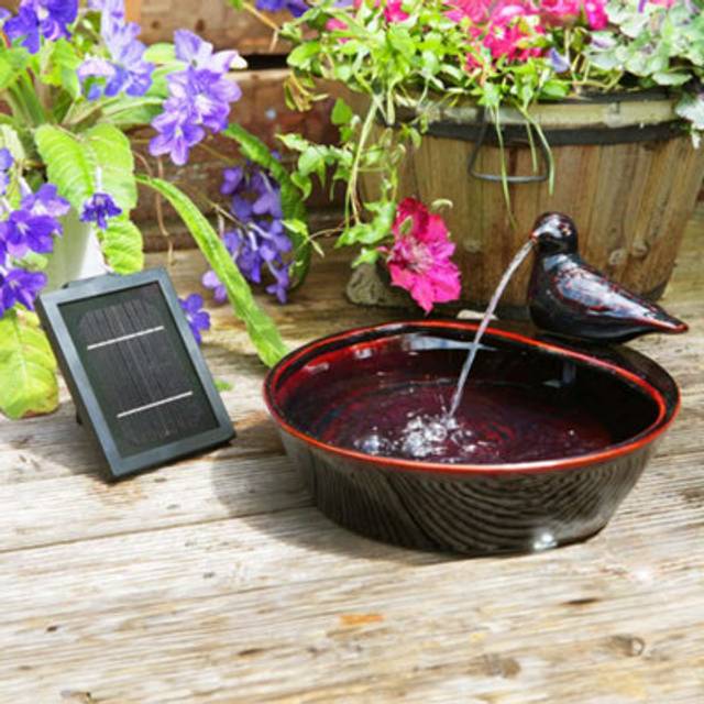Bird Bowl Water Feature Fountain Waterfall Solar Red Glazed Ceramic - Black - One Size