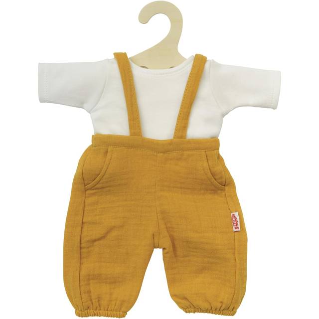 Heless 2415 – Dockkläder av 100% ekologisk bomull, 2-delat set med hängselbyxor i honungsgul och vit t-shirt för dockor och gosiga leksaker i storlek 35–45 cm
