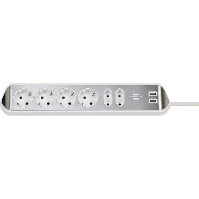 Brennenstuhl Estilo grenuttag 6-vägs (bordsuttag med rostfri yta för kök och kontor, strömlist med 4x skyddskontaktuttag, 2x eurouttag, inkl. USB-laddningsfunktion) silver/vit