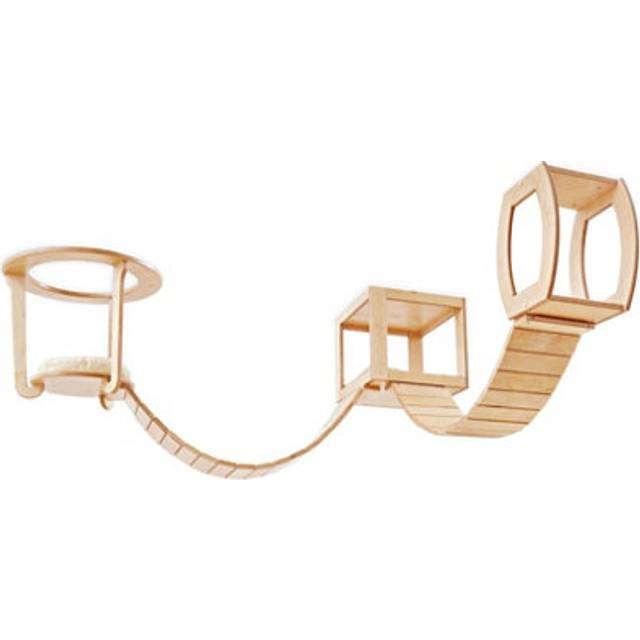 (Natural) Versatile Ceiling Mounted Cat Tree Wooden Cat Tower with Shelves, Bridge, and Sleeper