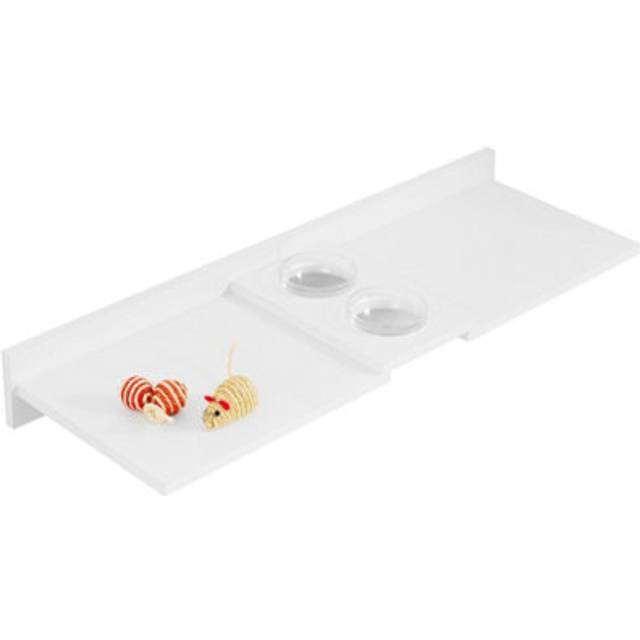 (White) Wall Mounted Cat Feeding Station (100x34.5cm) - Food & Water Cat Feeder With 2 Removable Glass Bowls Included