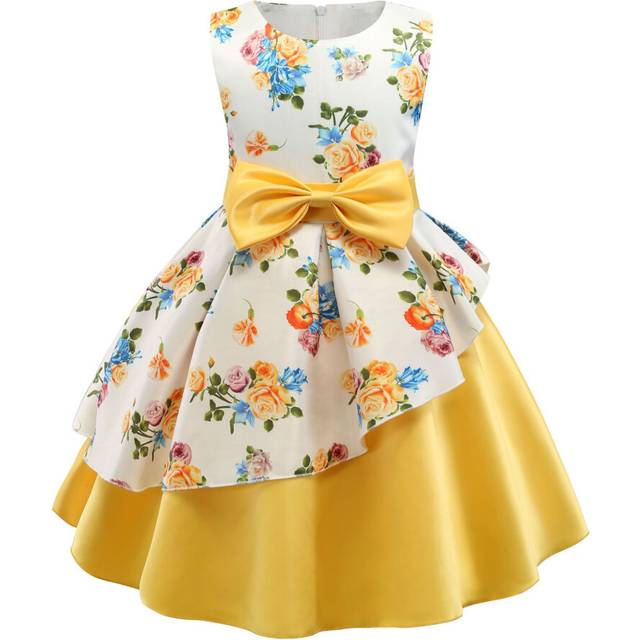 (Yellow, 3-4Years) Kids Girls flower Bow princess Print dress UK STOCK