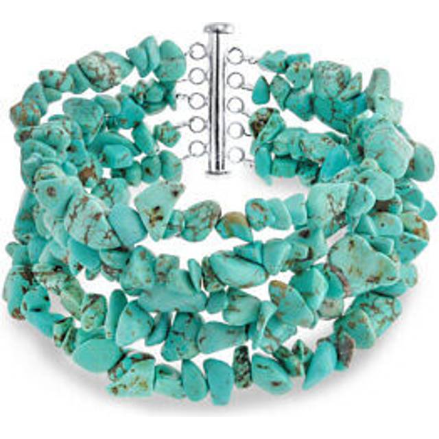 Statement Wide Gem Stabilized Blue Turquoise Chip Multi Strand Bracelet Western Jewelry For Women Teens Sterling Silver Tube Clasp .925