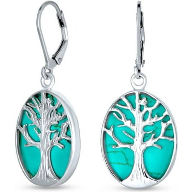 Stabilized Turquoise 925 Silver Tree of Life Hook Lever Back Earrings [Bling Jewelry] aqua