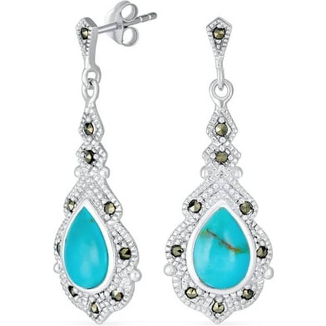Vintage Western Style Marcasite Accent Teardrop Jewelry Blue Turquoise Dangle Chandelier Earrings For Women Sterling Silver December Birthstone .925 blue
